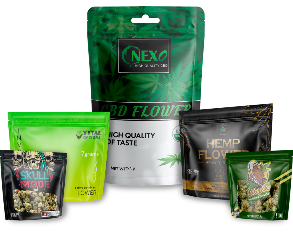 A family group shot of all the different types of custom printed cannabis bags Carepac offers including hemp, flower and mariquana bags.